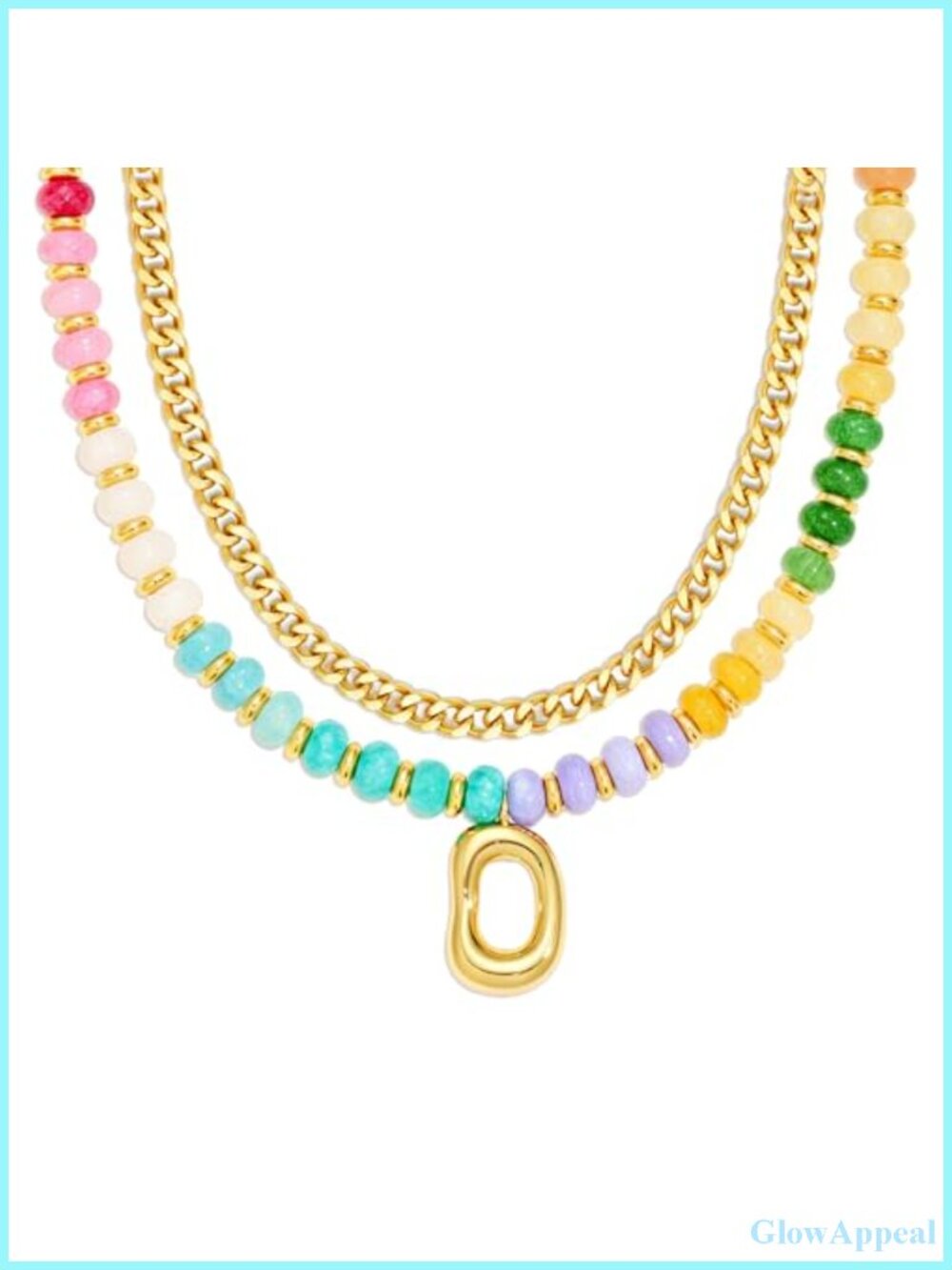 14K Gold Plated Layered Necklace Set Stone Beaded Cuban Chain